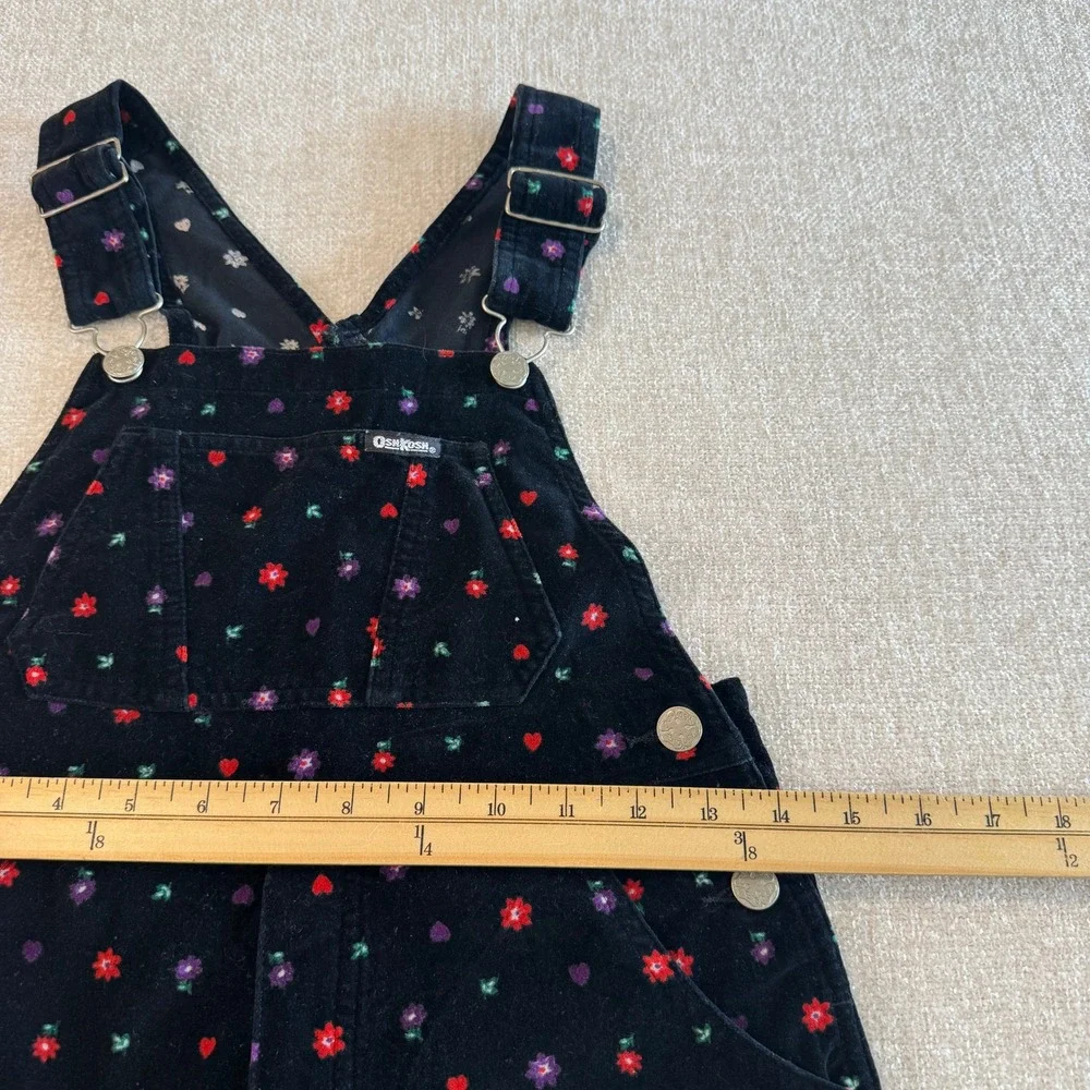 OshKosh Bgosh Black Corduroy Floral Heart Overalls Girls 6X Vestbak 90s EUC